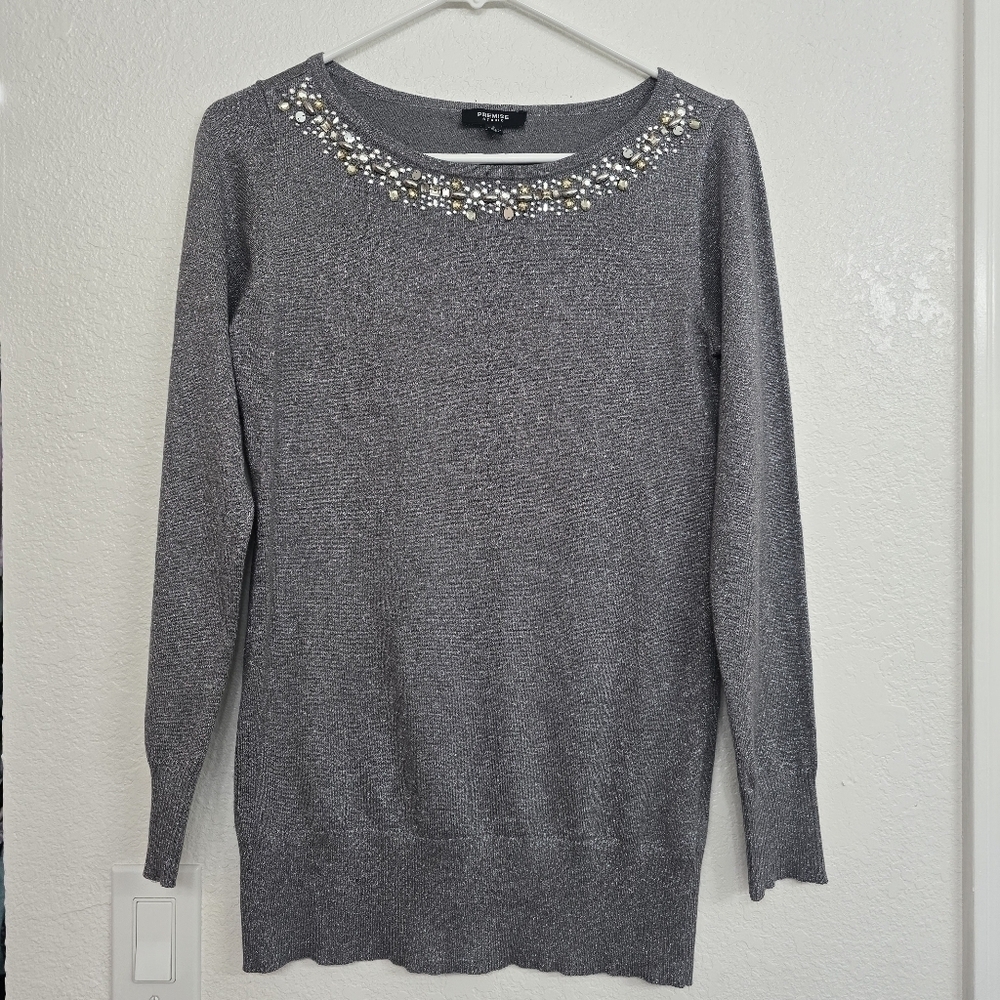 Premise studio Sweater  Silver Metallic Sequin Crewneck  size S